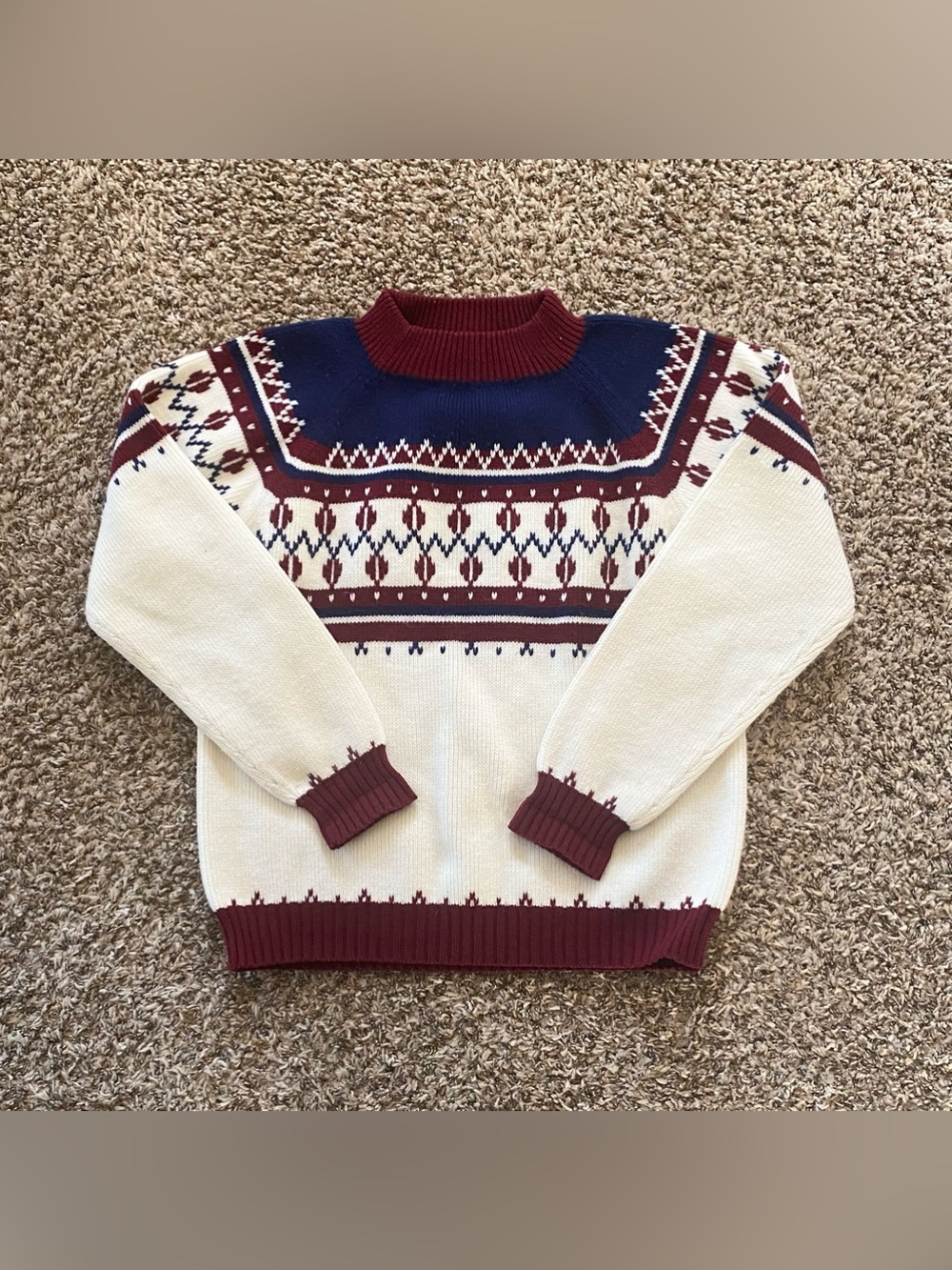 VTG 70s 80s JCPenney Nordic Fair Isle Ski Sweater Cream Burgundy Navy Acrylic